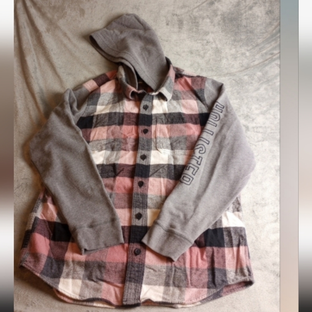 Hollister Men's Pink and Gray Flannel Hoodie Size XL